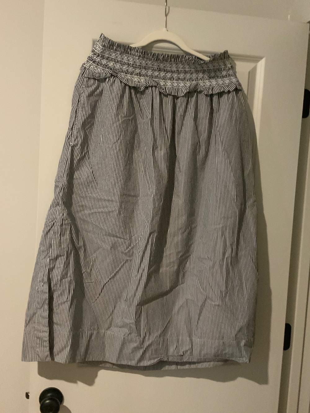 Striped Blue and White Midi Skirt with Smocked Waist